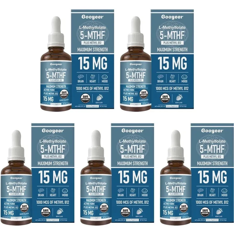 Googeer L-Methylfolate 5-MTHF טיפות נוזליות עם מתיל B12 15mg 1000mcg חוזק מקסימלי לב מוח תמיכת מצב רוח 60ml