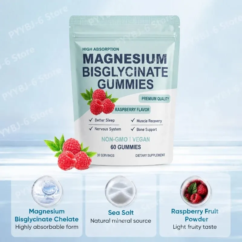 Υψηλής απορρόφησης Bisglycinate Magnesium Gummies Vegan Raspberry Flavor 60 Count Υποστήριξη Υγεία Μυϊκών Οστών Χωρίς ΓΤΟ χωρίς γλουτένη