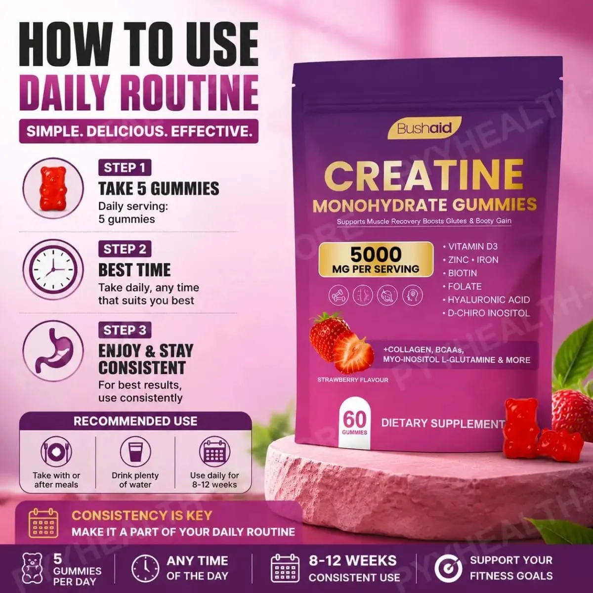 BushAid Creatine Monohydrate Gummies για μυϊκή αποκατάσταση μετά την προπόνηση με Multi-Collagen Blend BCAA and Zinc 60 Gummies