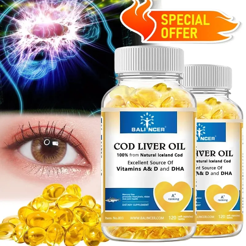 Cod Liver Oil Capsules Rich in Vitamin A D and DHA Help Maintain Healthy Skin Strong Brain and Bones and Improve Memory