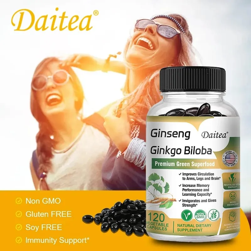 Premium Ginseng + Ginkgo - Nootropic Brain Supplement Memory & Concentration Circulation & Energy Boost 120 Capsules