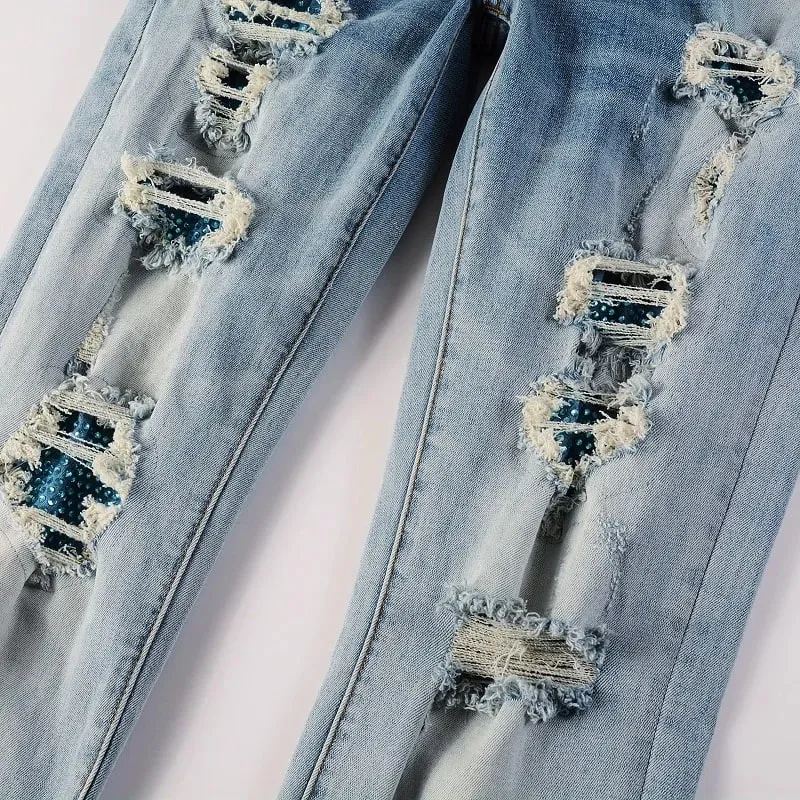 ג'ינס ג'ינס עם תיקון קריסטל לגברים Streetwear כחול מכנסיים מתיחה טלאים קרעים מכנסיים סקיני מחודדים במצוקה