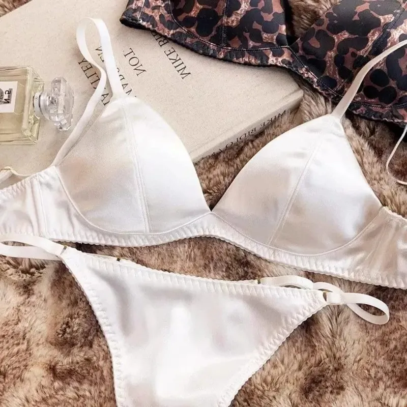 French Style Women Satin Triangle Cup Bra Set Thin Wireless Seamless Sexy Lingerie Light Support Comfort Brassiere Underwear