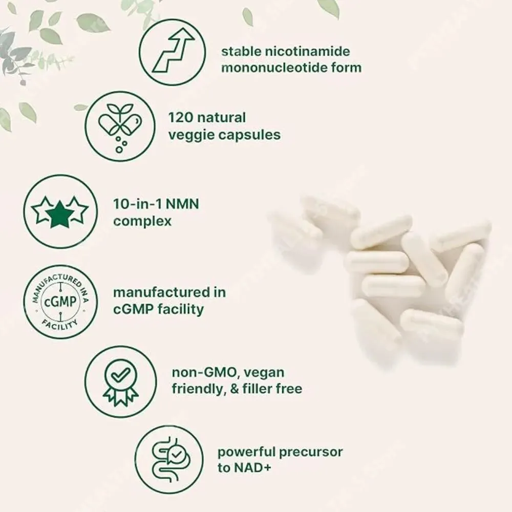 NMN Complex 1000mg ανά μερίδα 10-σε-1 NAD+ Precursor with Resveratrol CoQ10 120 Vegetarian Capsules Daily Support