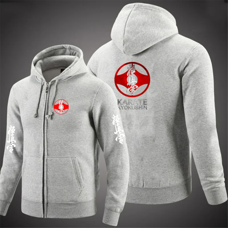 Kyokushin Karate Printed Hooded Long Sleeve Men Jacket Drawstring Zipper Closure Solid Color Casual Sweatshirt Clothing