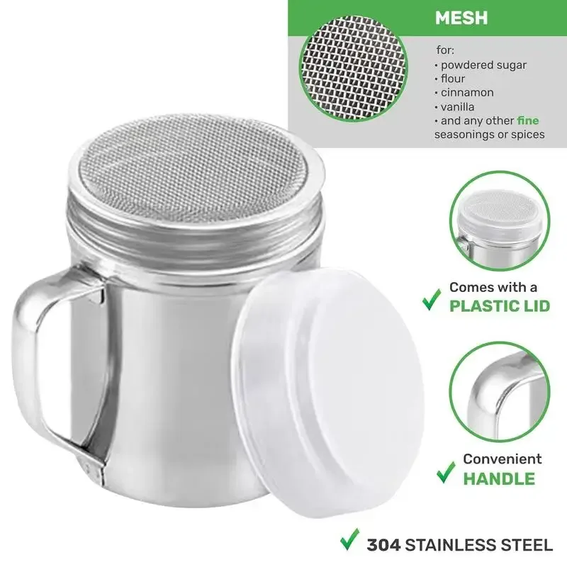 Roestvrijstalen shaker Poedersuikerschudbeker met handvat Metalen shakers Fijnmazige peperschudbekers Zout- en peperschudbekers