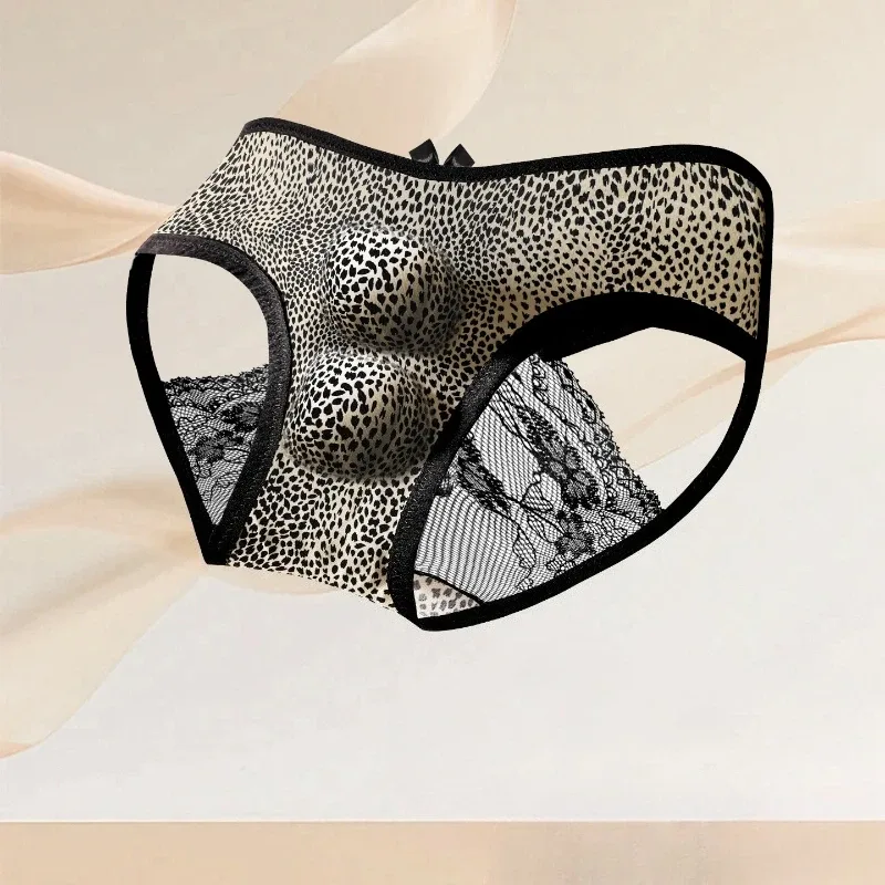 Men's Sexy Underwear Hollow Lace Back Sheer Panties Ice Silk Leopard Printed 3D Bullet Separation Pouch Sissy Underwear