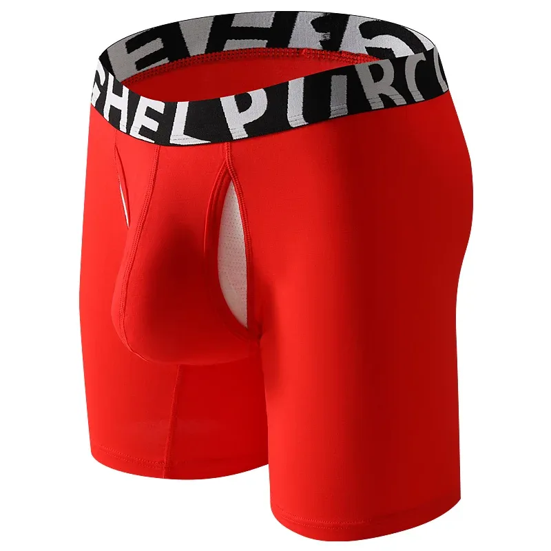 Men's Long Leg Cotton Boxer Briefs with Scrotum Pouch Anti-Chafing U Convex Separation Sports Underwear for Comfort