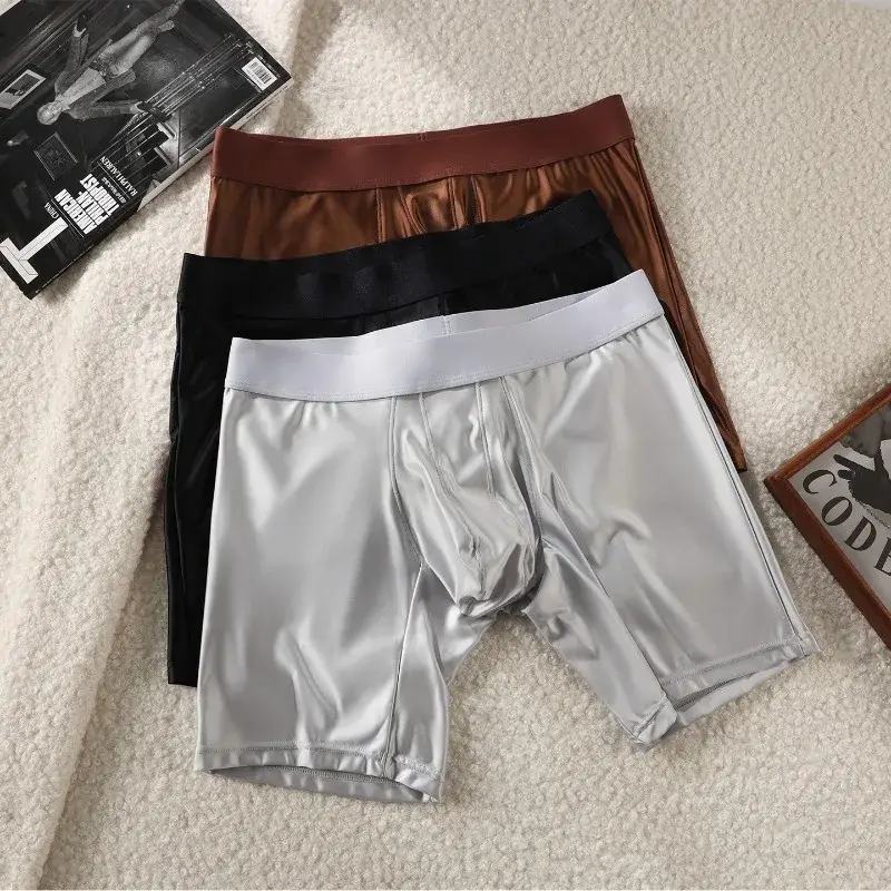 Bright Silky Smooth Underwear Men Stretch Satin Seamless Long Leg Boxer Shorts Bugle Pouch Sport Underpant Club Party Lingerie