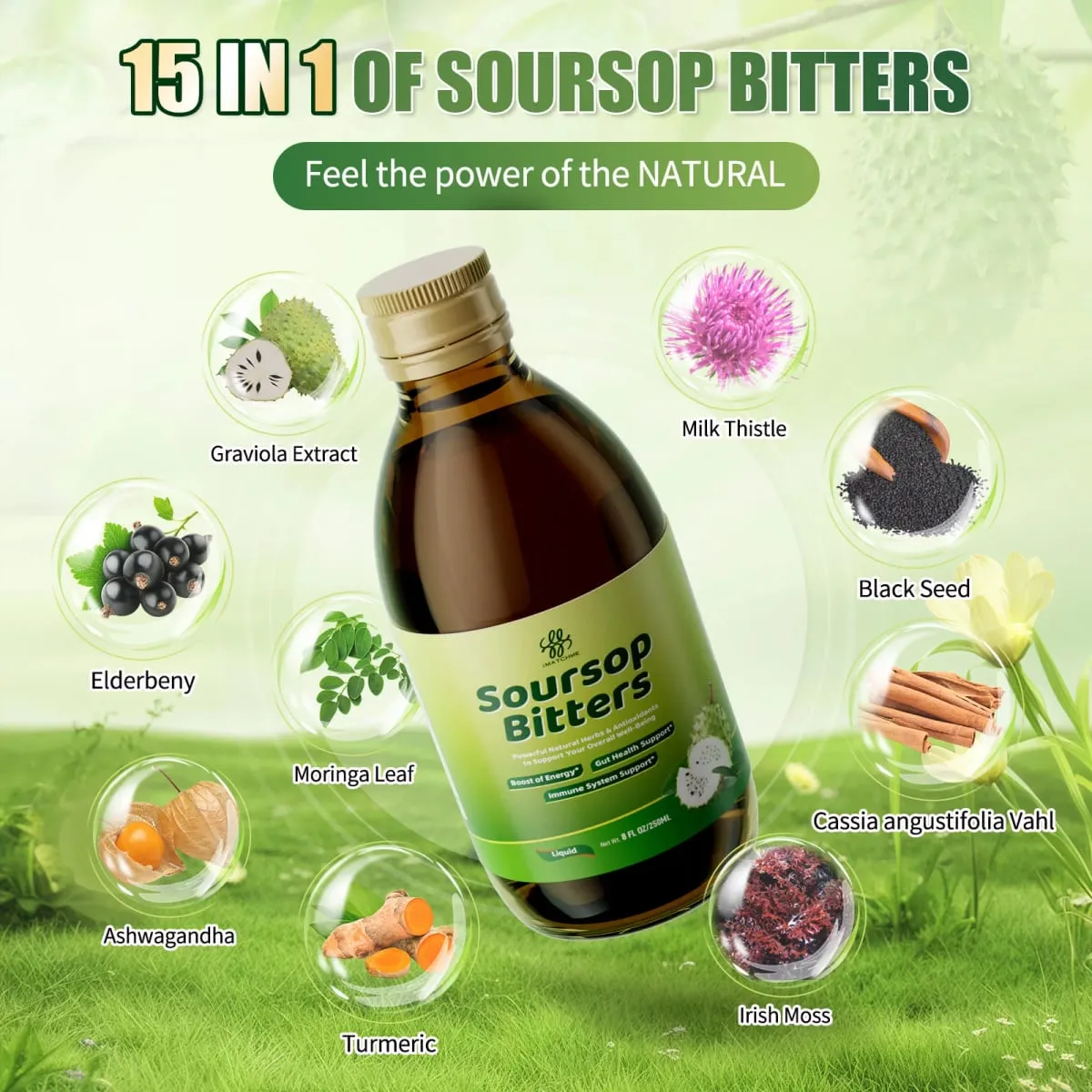 Soursop Bitters Liquid na may Moringa at Turmeric para sa Digestive at Gut Cleanse Antioxidant Skin Health Cell Regeneration Immune