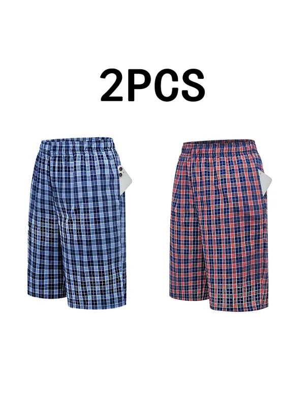 Men's Long Beach Flat Corner Pants Casual Checkered Elastic Waistband Comfortable Home Casual Sleeping Youth Boxing Pants Mens