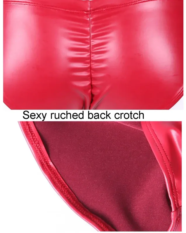 Oil Glossy Swimming Briefs PU Lather Elastic Low-rise Buttocks-Lifting Slip Bikini Shirring Crotch Seam Underwear Bathing Shorts