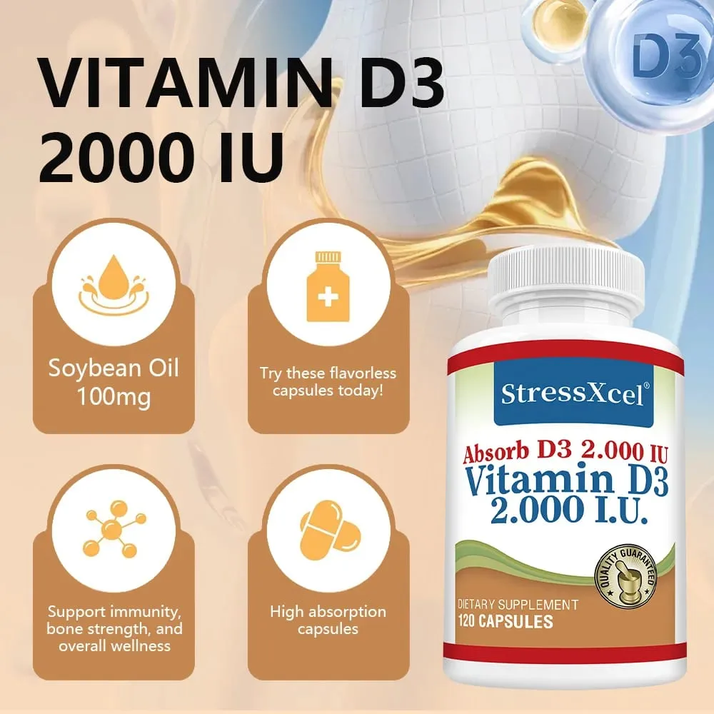 High Potency Vitamin D3 2000IU Capsules Immune Support Bone Health Muscle Function Whole-Body Wellness Non-GMO Gluten Free