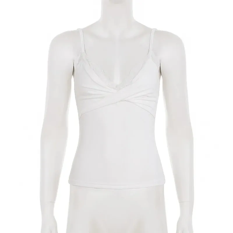 Coquette Csipke V nyakú csavaros elülső Cami felső spagetti pántos karcsú Camisole Y2K Daily ujjatlan felső, alkalmi nyári újdonság