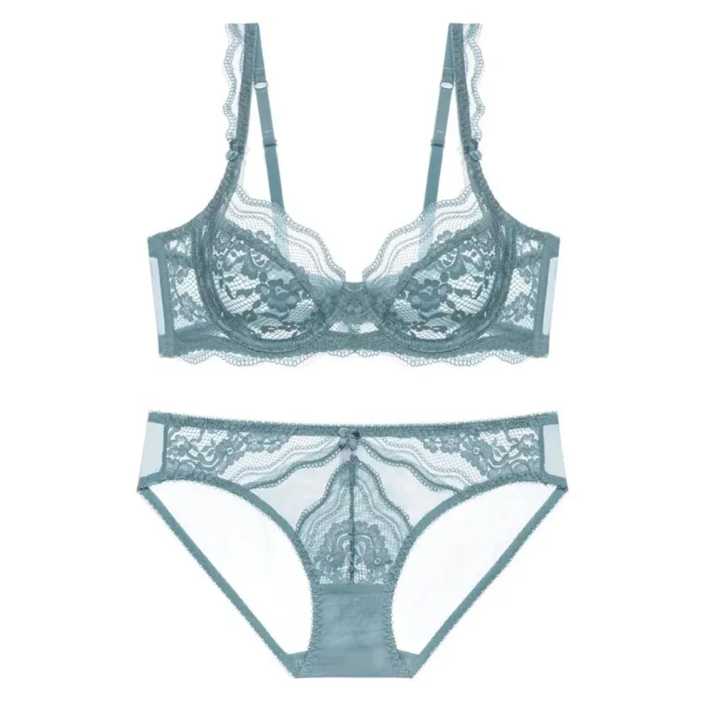 Plus Size Full Bust Minimizer Σετ σουτιέν Sheer Floral Lace Thin Anti Sag Support Διάφανα εσώρουχα Γυναικεία αναπνέοντα οικεία