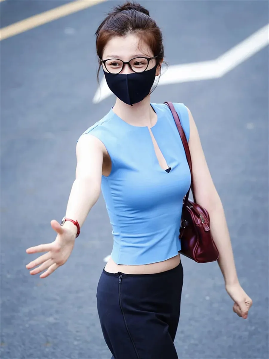 Weird Puss Casuals Trend Tank Top Women Chic Classic Split Patchwork Stretch Απλό αθλητικό Streetwera Fashion Basic Daily γιλέκο