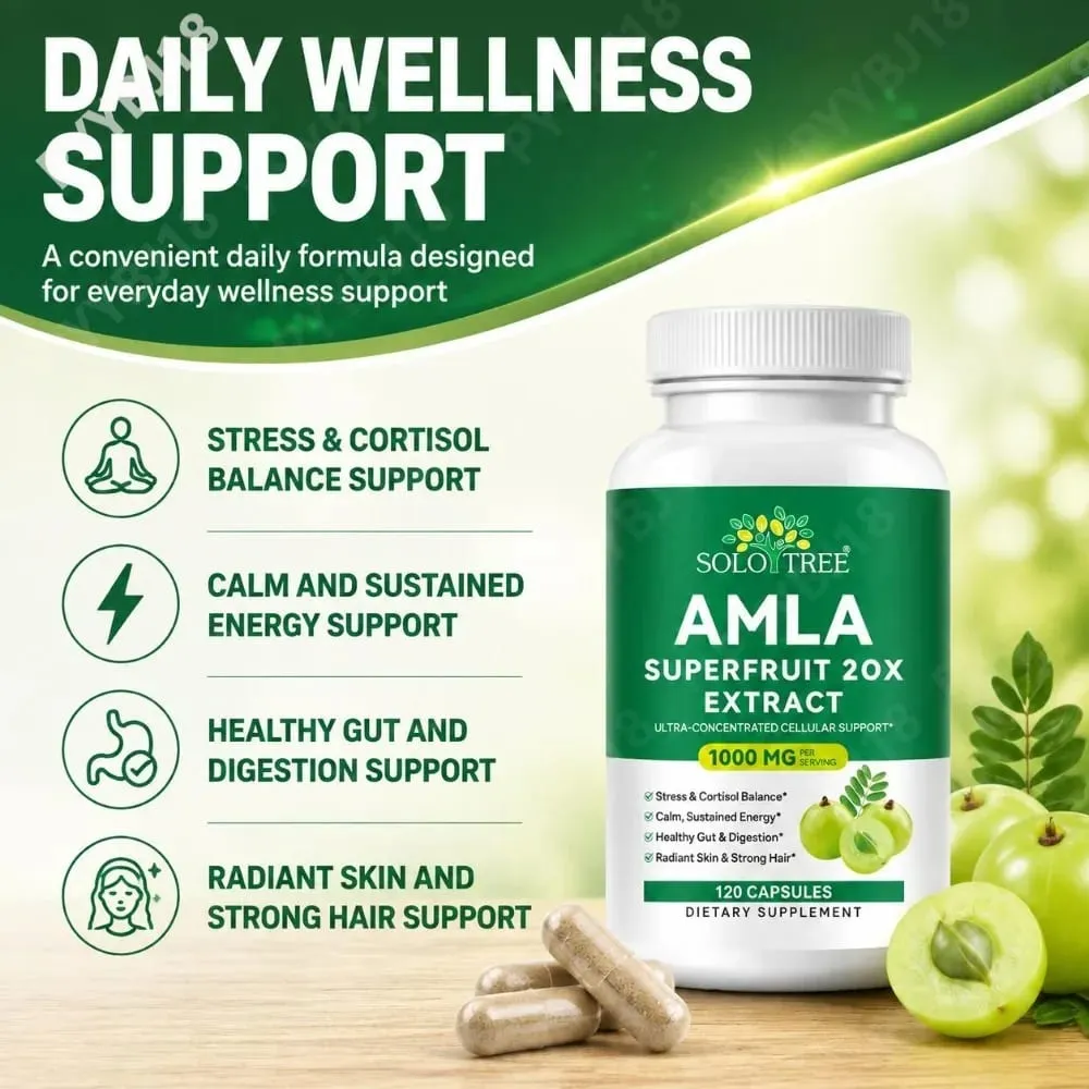 Amla Superfruit 20x Extract Capsules with Phyllanthus Emblica for Promotes Calm Energy Digestive Health Radiant Skin/Hair 120Ct