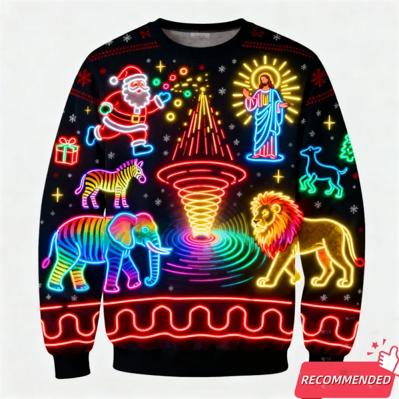 Cahaya Neon Palsu 3D Bercetak Hodoh Xmas Sweater untuk Wanita Lelaki Pakaian Merry Christmas Snowman Lucu Santa Jesus Pullovers Tracksuit