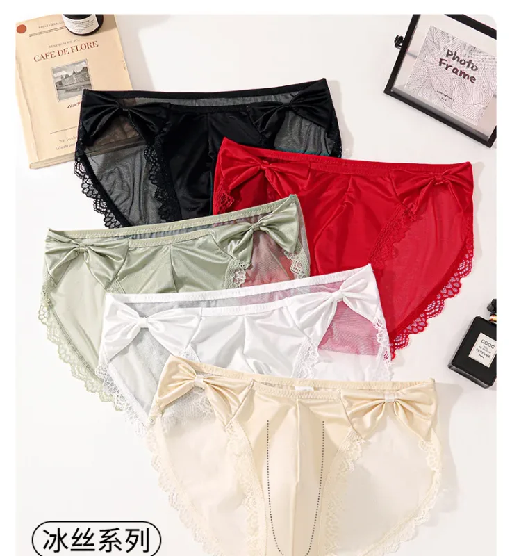Women Panties for Men Bow High Cut Briefs Lace Mesh Sheer Underwear U Convex Pouch Breathable Underpant French Style Nightwear