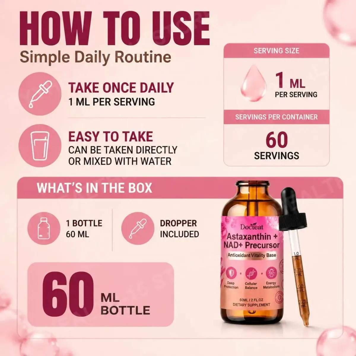 Docteat Astaxanthin+ NAD+ Precursor Liquid Υποστηρίζει την κυτταρική διατροφή και τον ενεργειακό μεταβολισμό Αντιοξειδωτική Βάση ζωτικότητας 60 Ml