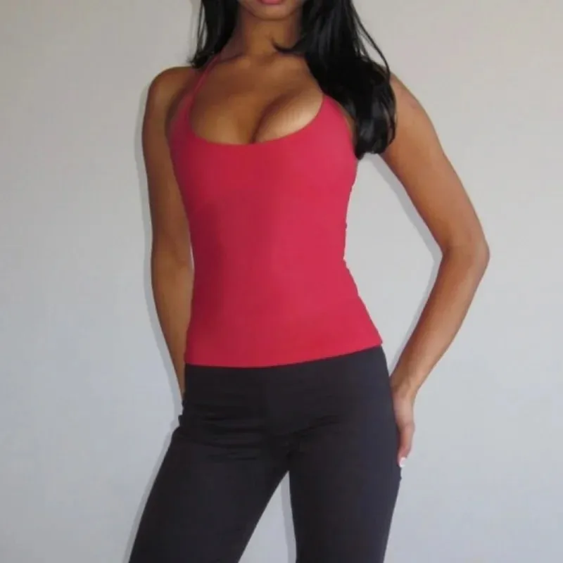 Női Y2k spagetti pántos kötőfékes tankfelső, tömör, vékonyan illeszkedő, lapátnyakú camisole felsők Aranyos nyári vágott Cami felsők — image 4