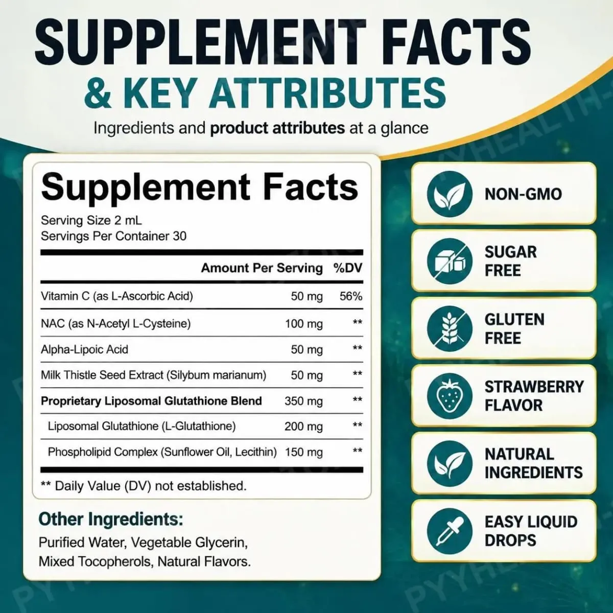 טיפות נוזלי של Lenm Liposomal Glutathione לתמיכה נוגדת חמצון בסלולר ובכבד עם NAC ויטמין C טעם תותים 60 מ"ל
