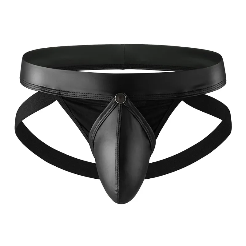 Men Faux Leather Gstring Thongs Underwear with Detachable Pouch Open Butt Low Waist Underpants for Comfortable Wear