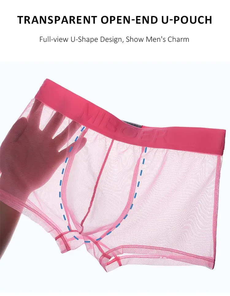 Men's Transparent Full Mesh Boxer Briefs See-Through Underwear Low Rise U-Pouch Breathable Sexy Low-Rise Elastic Waistband