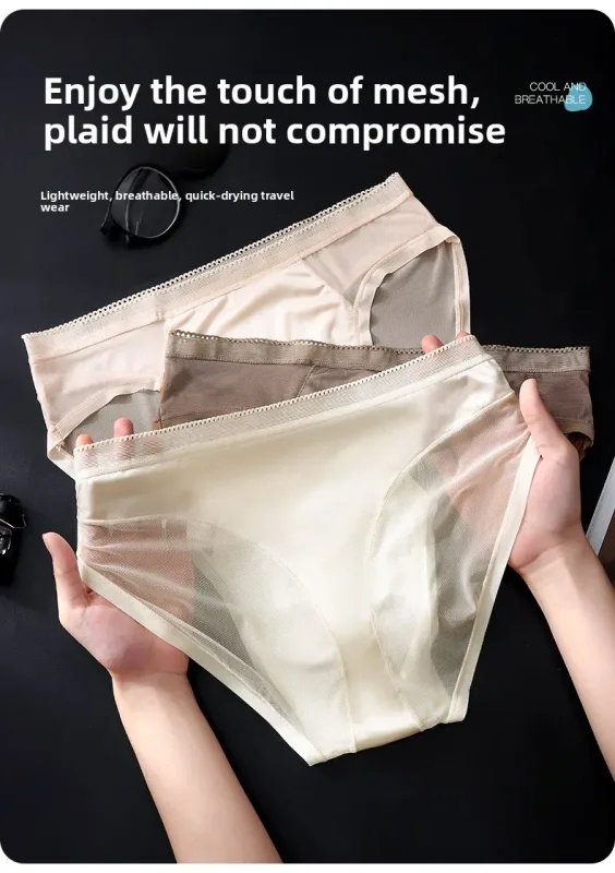 Male Glossy Silk Satin Briefs High Rise Lace Trim Ice Silk Underwear Soft Breathable U Pouch Men Panties