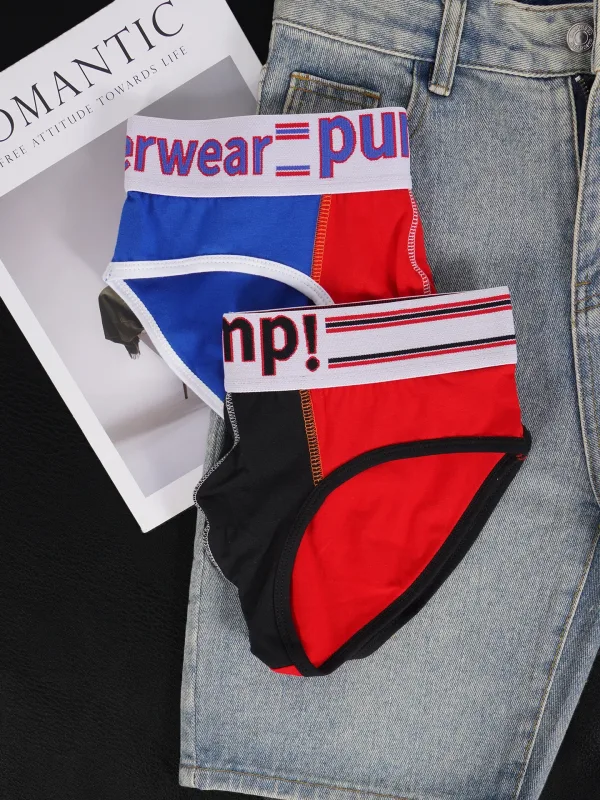 Men's Cotton Color Block Briefs, Pump! Logo Wide Waistband Low Rise Sexy 3D Convex Pouch Underwear 3256813080433415