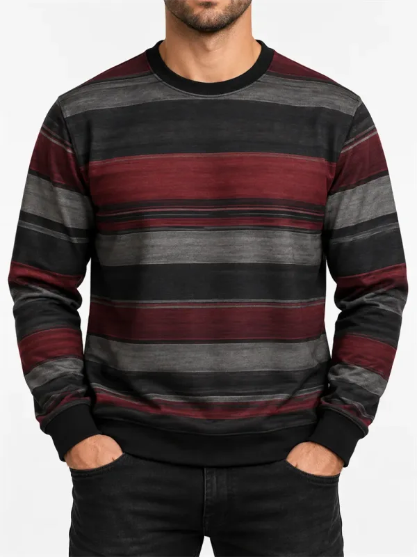 Heren vintage gestreept sweatshirt met ronde hals, casual trui met lange mouwen, kleurenblok, herfst streetwear, alledaagse mode, klassieke top