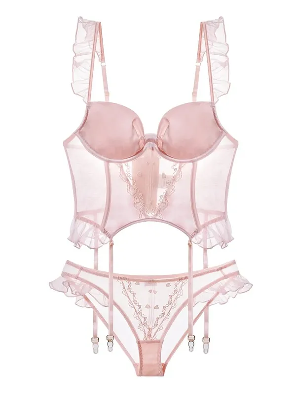 Ροζ με μαξιλαράκι στήθους Fishbone Corset Εσώρουχα Σετ Γυναικείο Σουτιέν με διπλό λουράκι σταθερά με σώβρακο