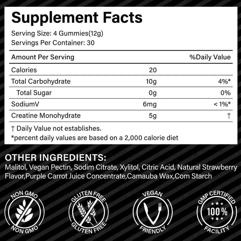 Creatine Monohydrate Gummies 5000mg για Ανάκτηση Μυϊκής Δύναμης & Ενέργεια πριν από την προπόνηση Vegan Strawberry 120 Ct χωρίς ζάχαρη