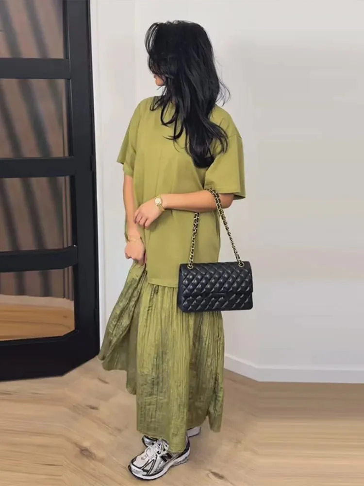 Κοντομάνικο συνονθύλευμα Oversized Μακρύ Φόρεμα Γυναικείο Κομψό με λαιμόκοψη Πλισέ Φαρδιά Φορέματα για πάρτι Καλοκαιρινά Casual Lady Vestidos