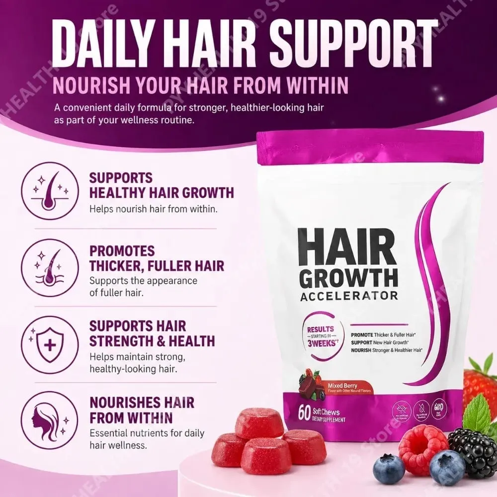 Malalambot na Pagnguya ng Paglago ng Buhok – Supplement ng Vitamin C at E para sa Mas Makapal na Buhok at Mas Malusog na Mukha – Lasang Berry – 60 Malambot na Nguya
