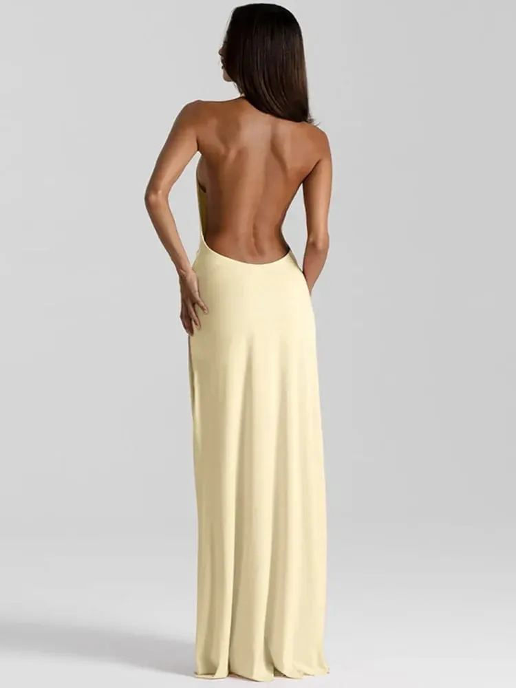Mozision Halter Deep V צווארון V ללא גב שמלת מקסי סקסית שמלת נשים אופנה לא סדירות ללא שרוולים ירך גבוהה מפוצלת מועדון שמלות מסיבה