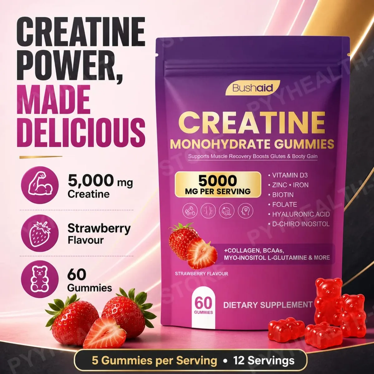 BushAid Creatine Monohydrate Gummies για μυϊκή αποκατάσταση μετά την προπόνηση με Multi-Collagen Blend BCAA and Zinc 60 Gummies