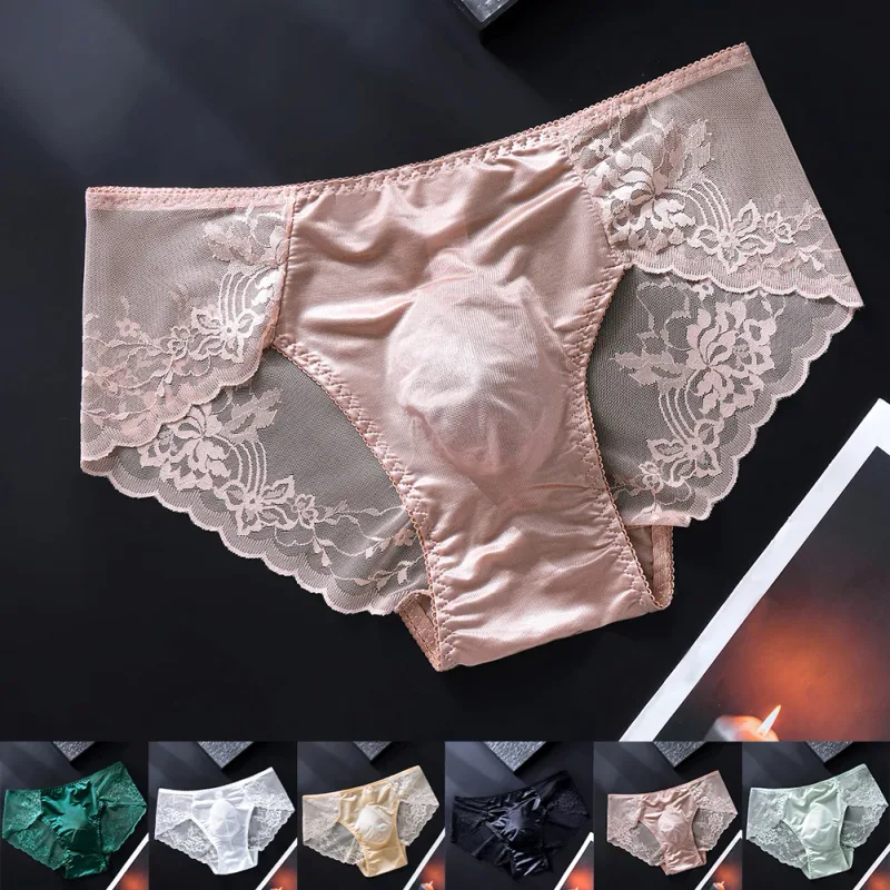 Men Lace Briefs Seamless Ice Silk Briefs Underwear 3D Bulge Pouch Low Waist Gay Panties
