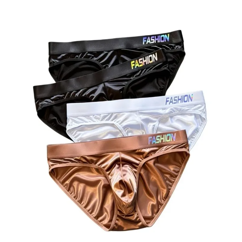 Underwear Men's Triangle Panties Low Waist Ultra Smooth Satin Silky Briefs Lingerie Gradient Letter Glossy Underpants Daily Wear