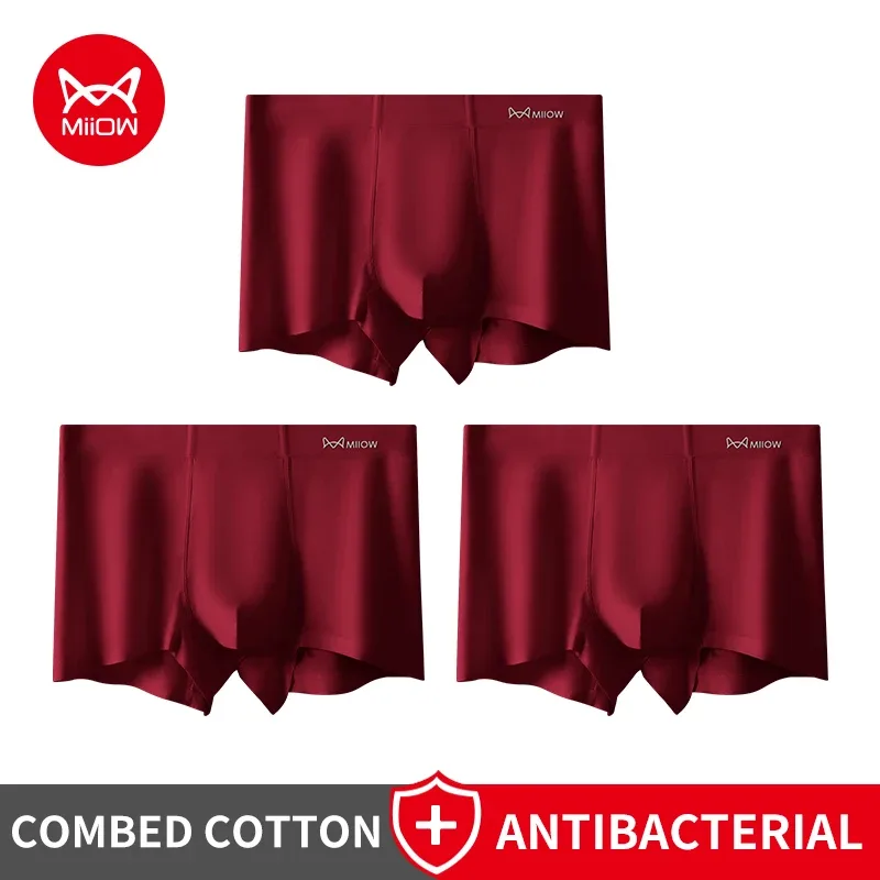 MiiOW 3Pcs Autumn Winter Cotton Men Underwear Lucky Red Men's Panties 7A Antibacterial Men Underpants Breathable Man Boxershorts