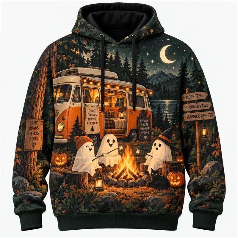 Hoodie Halloween 2026 Pulover Grafis Retro Petualangan Berhantu Pakaian Jalanan Malam Gotik Kerangka Hantu Labu Hutan Bulan Uniseks — image 5