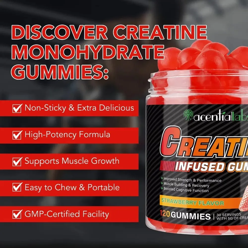 Creatine Monohydrate Gummies 5000mg για Ανάκτηση Μυϊκής Δύναμης & Ενέργεια πριν από την προπόνηση Vegan Strawberry 120 Ct χωρίς ζάχαρη