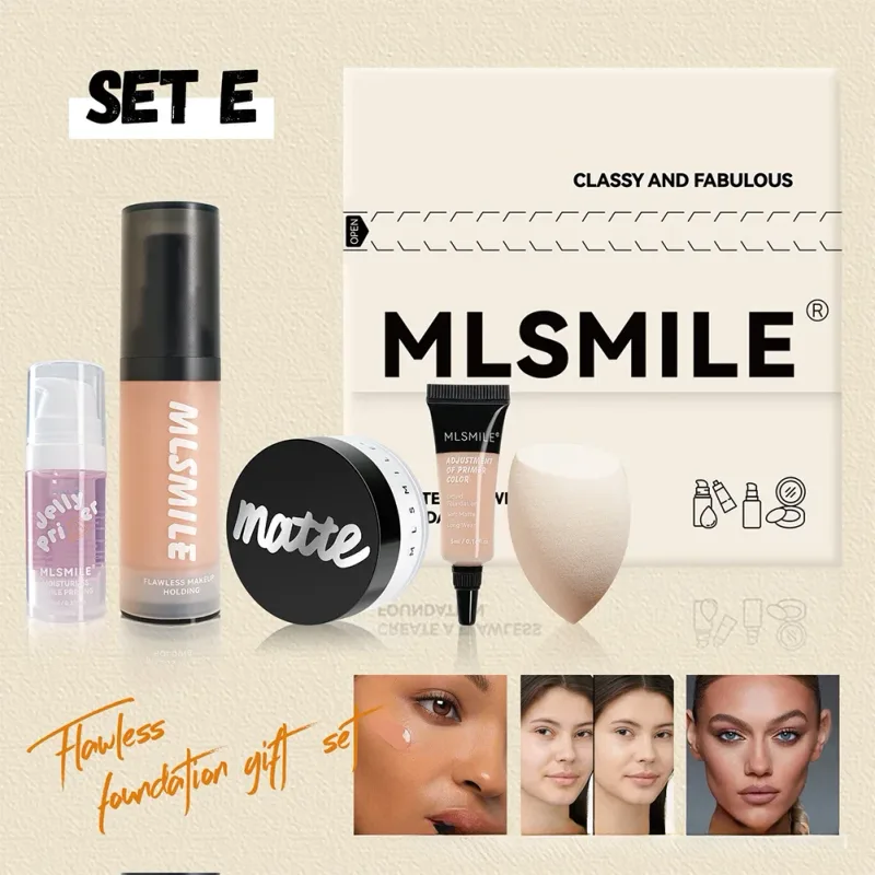 All in One Face Makeup Set Liquid Foundation Powder Primer and Egg for Long Lasting Matte Finish