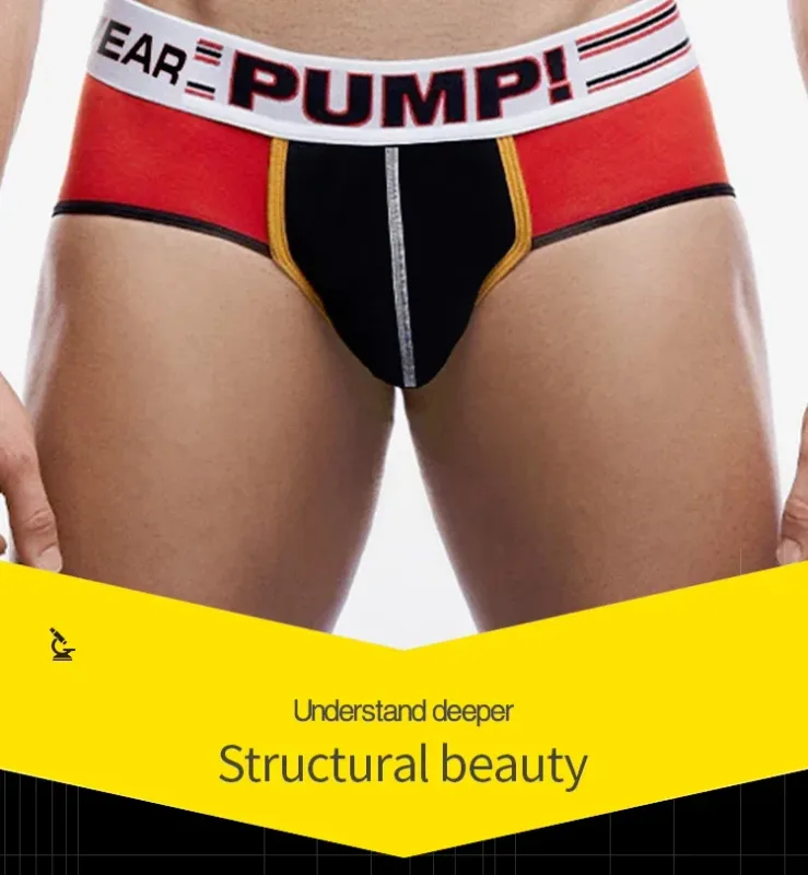 Men's Cotton Color Block Briefs, Pump! Logo Wide Waistband Low Rise Sexy 3D Convex Pouch Underwear 3256813080433415