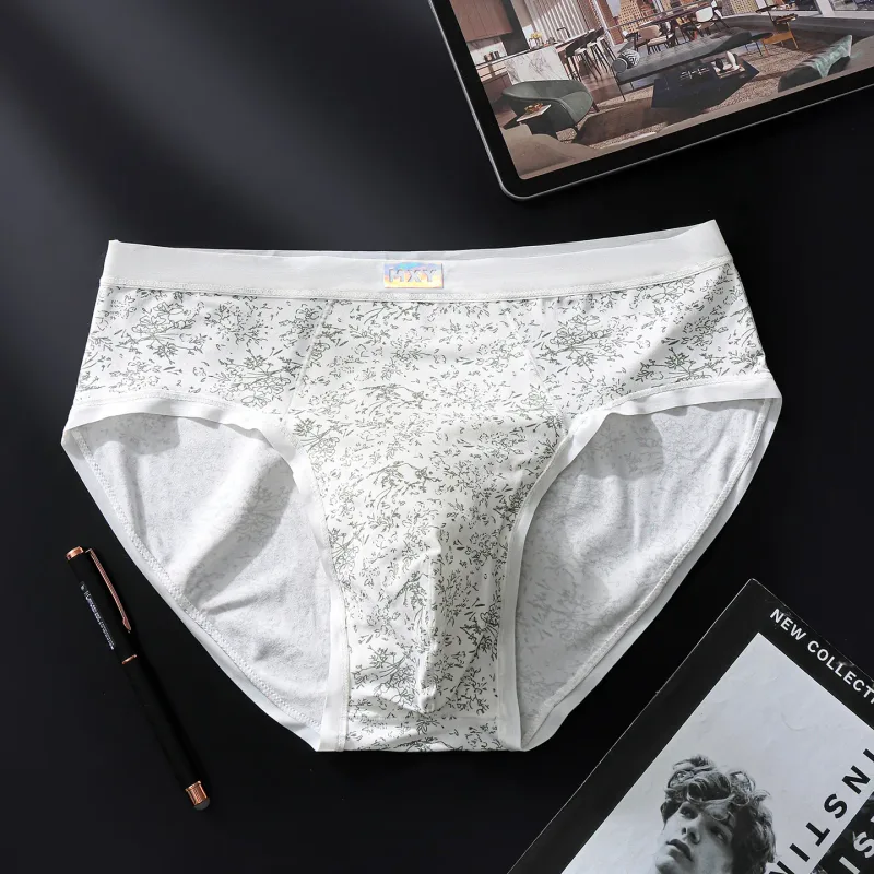 Men Sexy Briefs Sissy Lingerie Ice Silk Floral Print Panties U Convex Pouch Underwear Thin Daily Underpants Calzoncillos Hombre