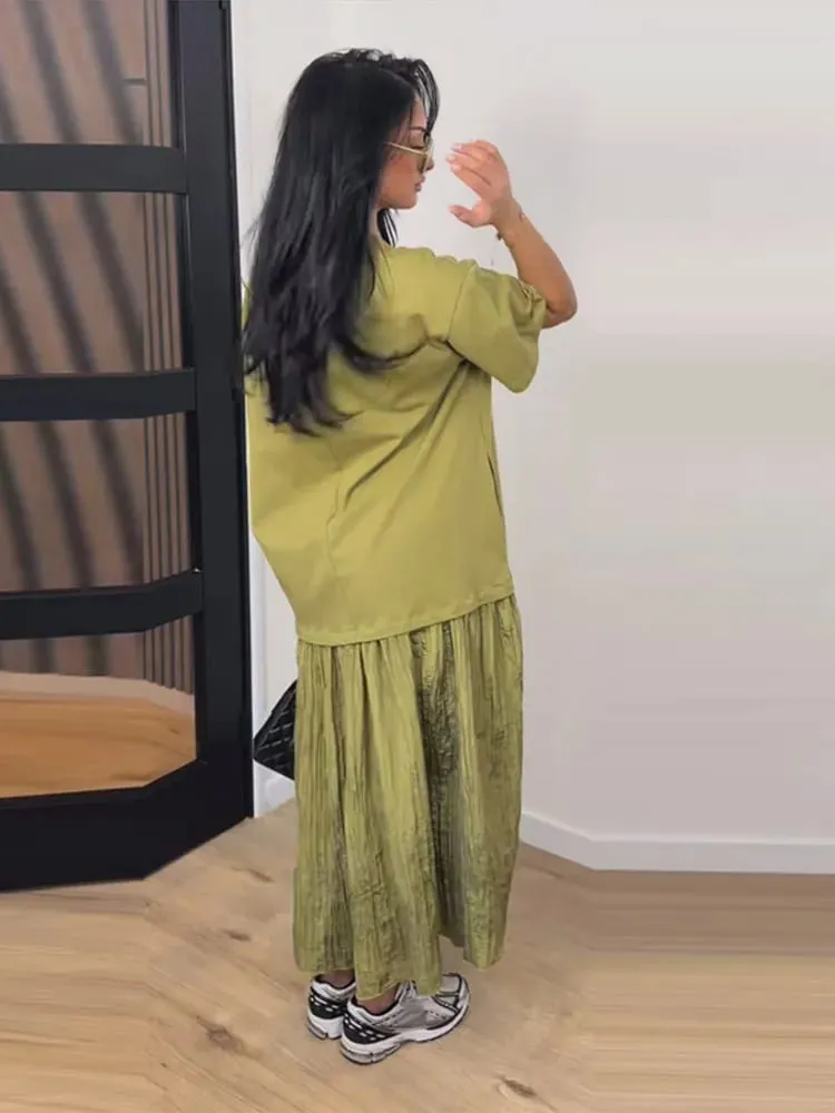 Κοντομάνικο συνονθύλευμα Oversized Μακρύ Φόρεμα Γυναικείο Κομψό με λαιμόκοψη Πλισέ Φαρδιά Φορέματα για πάρτι Καλοκαιρινά Casual Lady Vestidos