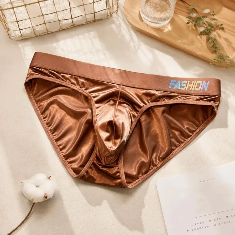 Underwear Men's Triangle Panties Low Waist Ultra Smooth Satin Silky Briefs Lingerie Gradient Letter Glossy Underpants Daily Wear
