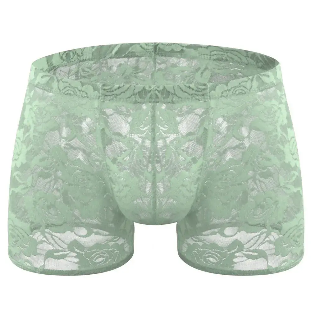 Men See Through Lace Boxer Shorts Bulge Pouch Low Waist Underwear Solid Panties Elastic Waist Breathable Transparent Underwear