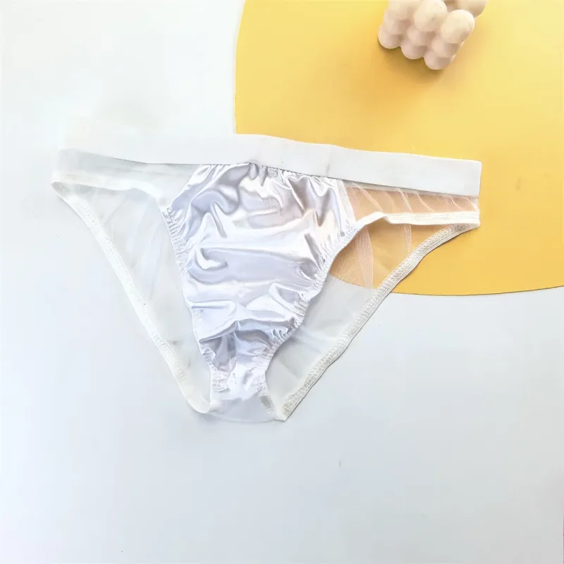 Sexy Glossy Satin Silk Man's Underwear Briefs Transparent Mesh Male Panties Breathable Quick Dry Underpants