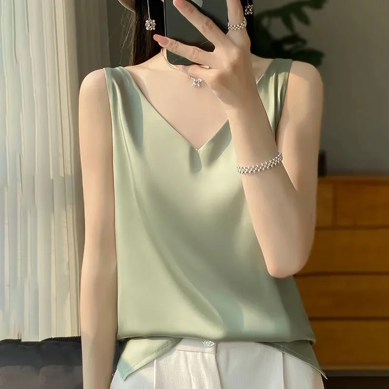 Νέο Lce Silk Satin Camisole Γυναικεία Άνοιξη/Καλοκαίρι μονόχρωμο αμάνικο σέξι άνετο μεταξωτό εσώρουχο RW-D09